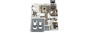 A top down view of a house with two cars parked in the garage.