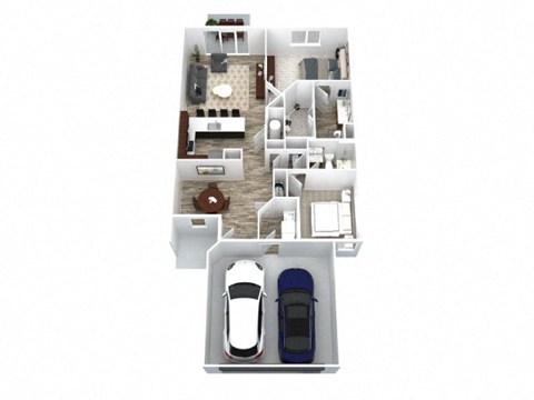 A blue car is parked in a garage in front of a house.