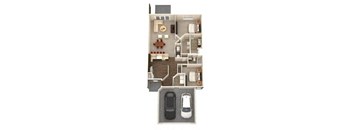 A floor plan of a house with two bedrooms and a garage.