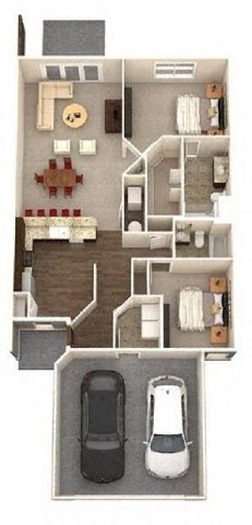 A floor plan of a house with two bedrooms and a garage.
