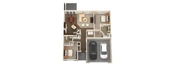 A floor plan of a house with a kitchen, living room, dining room, and two bedrooms.