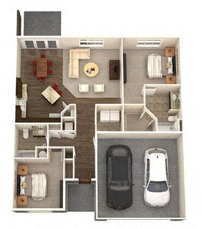 A floor plan of a house with a kitchen, living room, dining room, and two bedrooms.