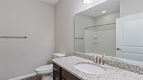 Bathroom with large mirror and granite counters in an apartment for rent in Florence, KY