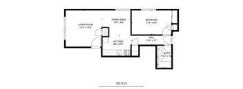 A black and white image of a floor plan for a small apartment.