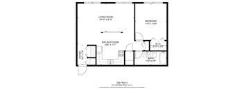 A floor plan of a small apartment with a living room, bedroom, eat-in kitchen, and bathroom.