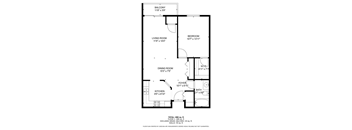 A black and white image of a floor plan for a one bedroom apartment.
