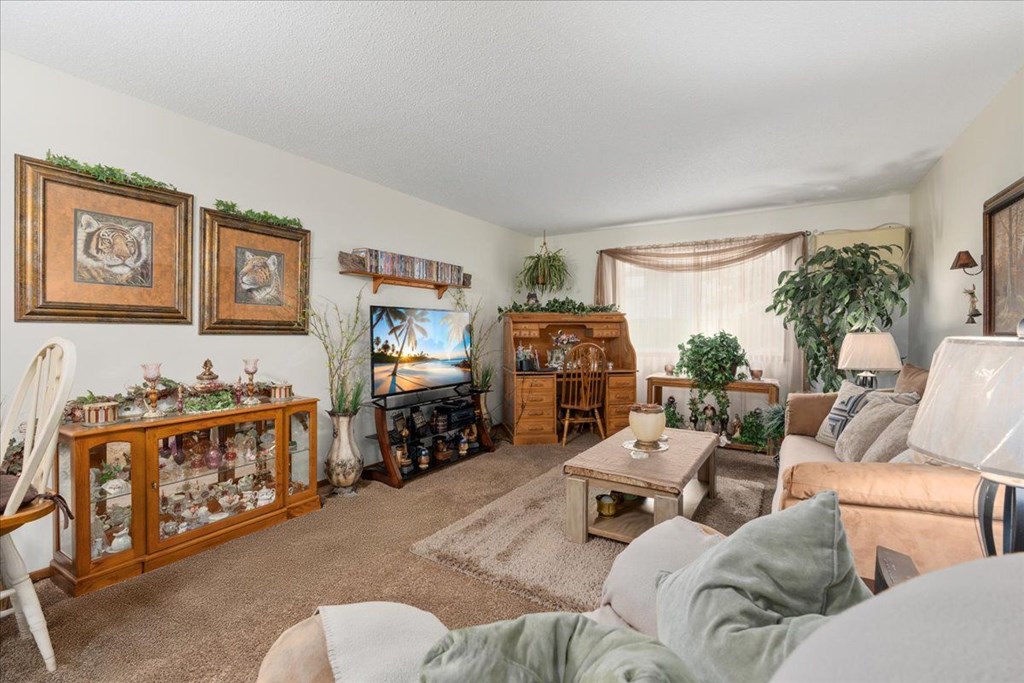 A living room with a couch, chair, and a fireplace.