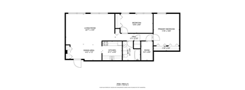 A black and white image of a floor plan for a house with a living room, dining area, kitchen, two bedrooms, and a bathroom.