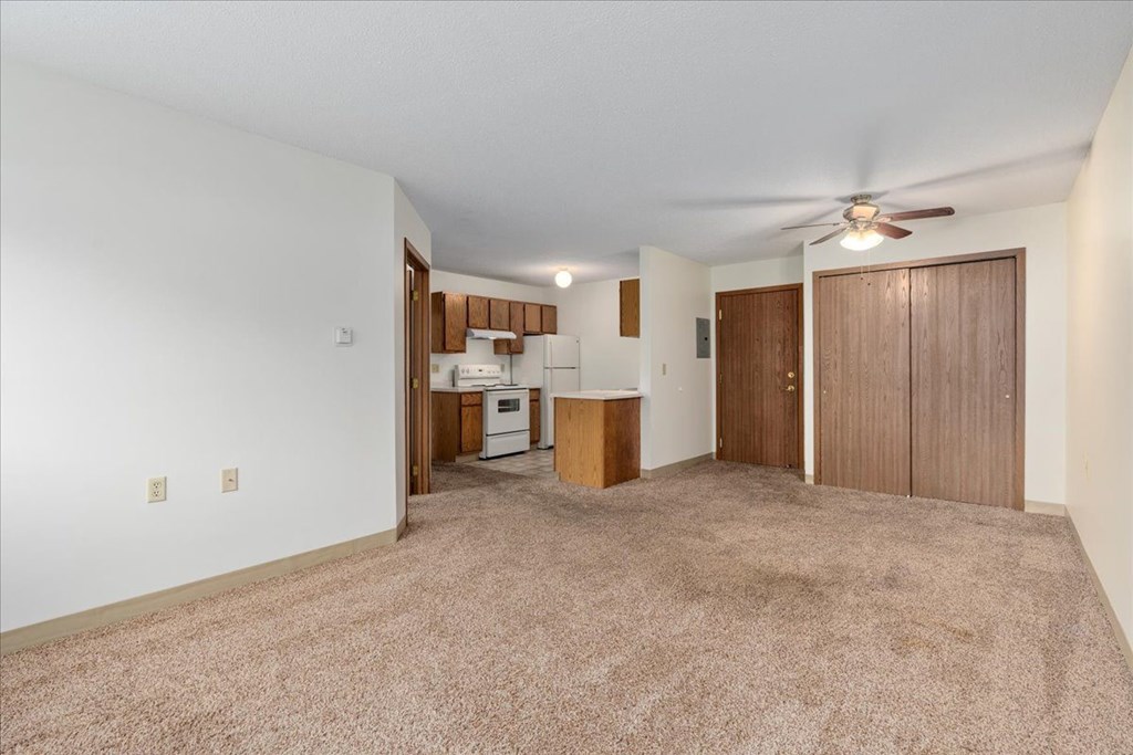 A room with a carpeted floor and a ceiling fan.