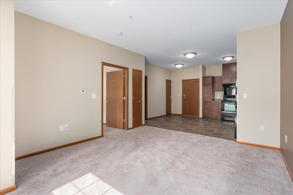A spacious living room with a carpeted floor and a flat screen TV.