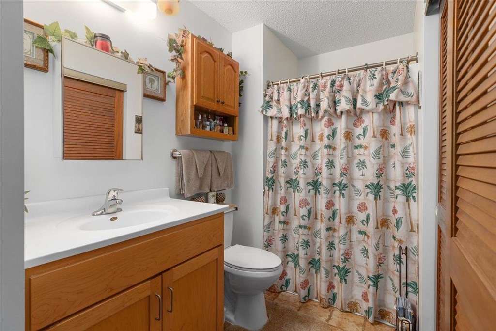A bathroom with a toilet, sink, and shower curtain.