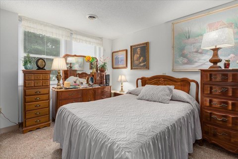 A bedroom with a large bed, a dresser, and a nightstand.