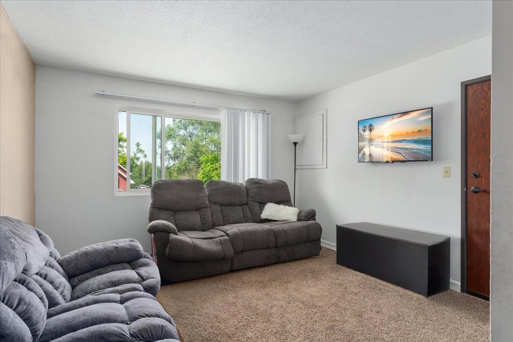 A living room with a grey couch, a grey blanket, a grey chair, a grey ottoman, a grey rug, a grey wall, a window, a lamp, a painting, and a door.