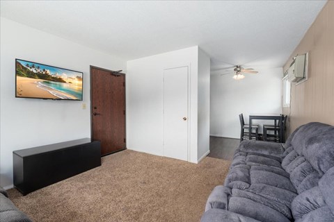 A living room with a grey couch and a flat screen TV mounted on the wall.