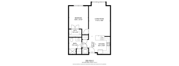 A floor plan for a small apartment with a bedroom, living room, kitchen, and bath.