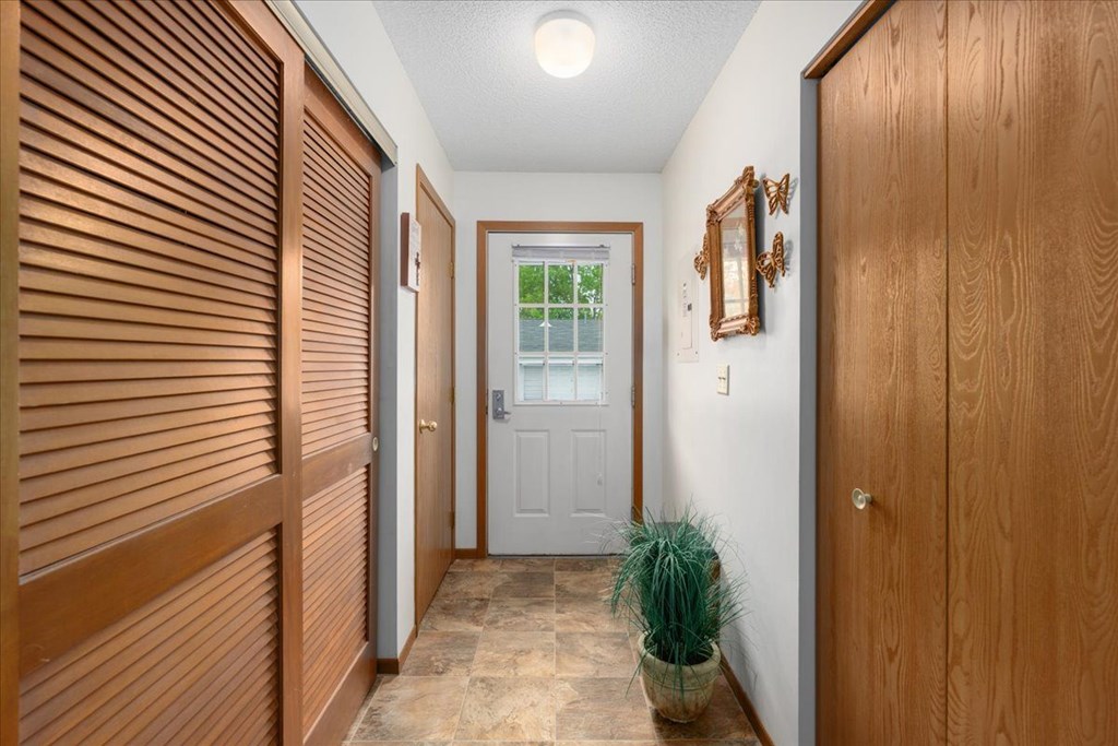 A hallway with wooden doors and a potted plant.