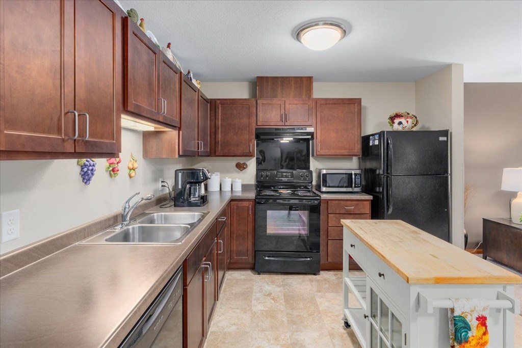 A kitchen with a black refrigerator and stove.