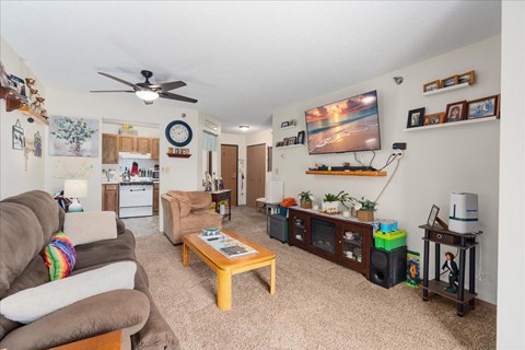 A living room with a brown couch and a wooden coffee table.