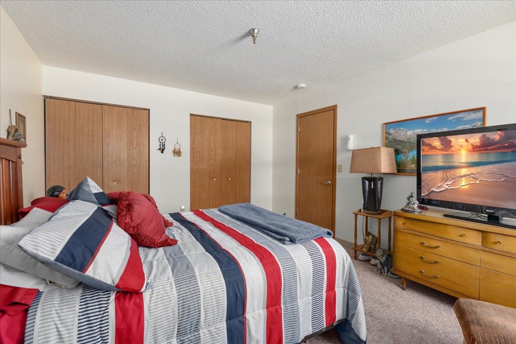 A bedroom with two beds, a dresser, and a television.