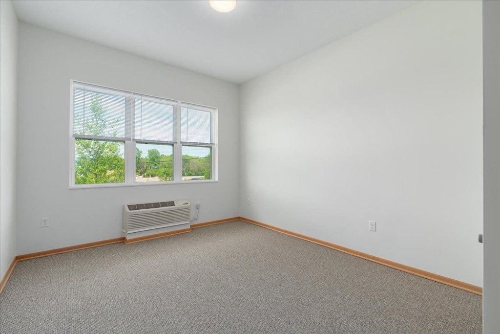 A room with a carpeted floor, a window with a view of trees, and a wall-mounted air conditioner unit.