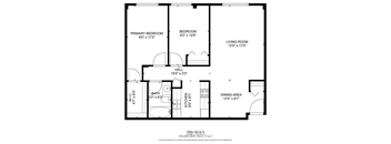 A floor plan of a house with a living room, two bedrooms, a hall, a dining area, a kitchen, and a bathroom.