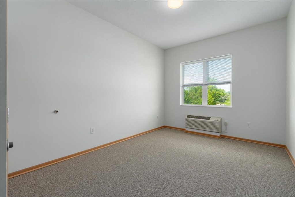 A room with a window and a carpeted floor.