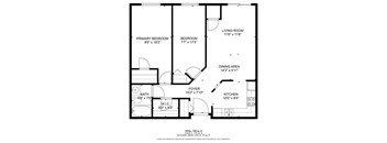 A floor plan of a house with a living room, dining area, kitchen, and two bedrooms.