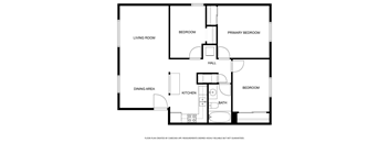 A floor plan of a house with a living room, dining area, kitchen, two bedrooms, a hall, and a bathroom.