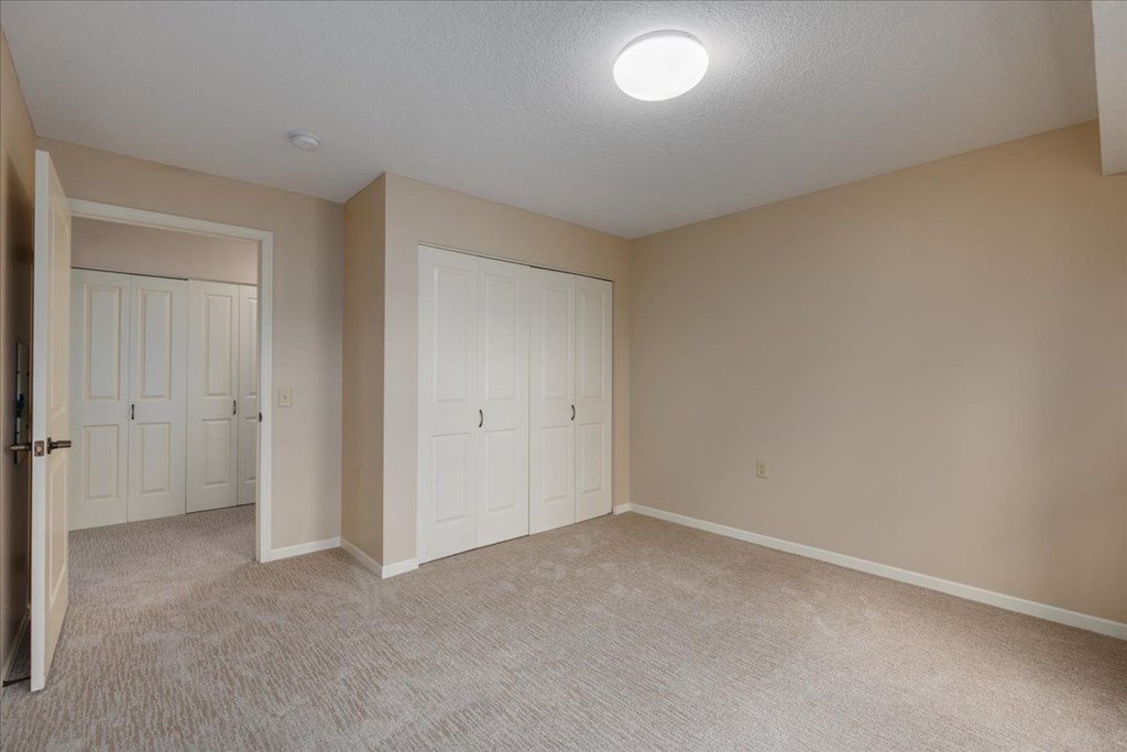 A room with a carpeted floor and two white doors.
