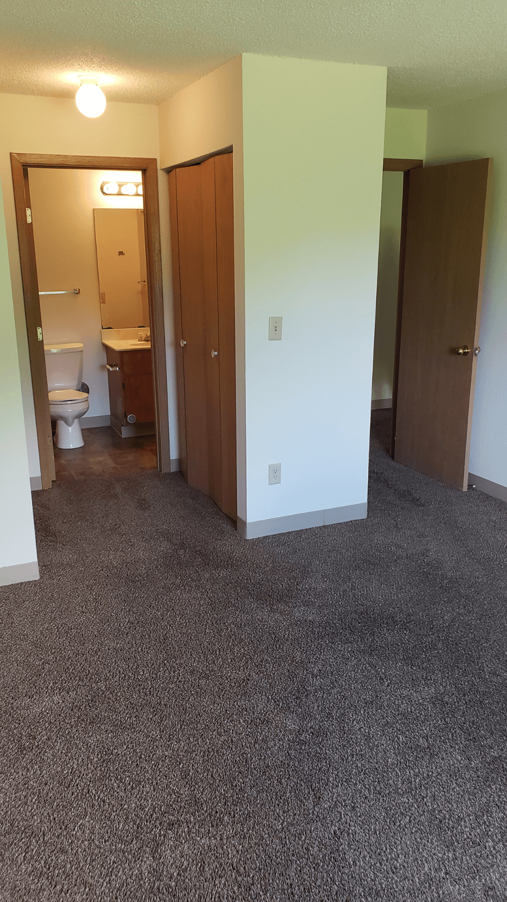 a room with a carpeted floor and a bathroom with a toilet