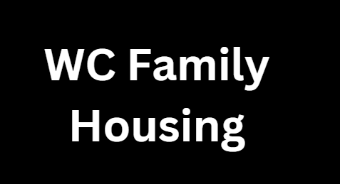 a family house logo with the words wc family housing in white