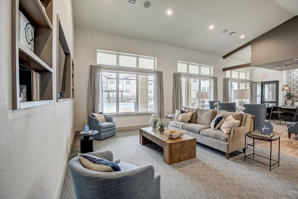 a living room with a couch and a table