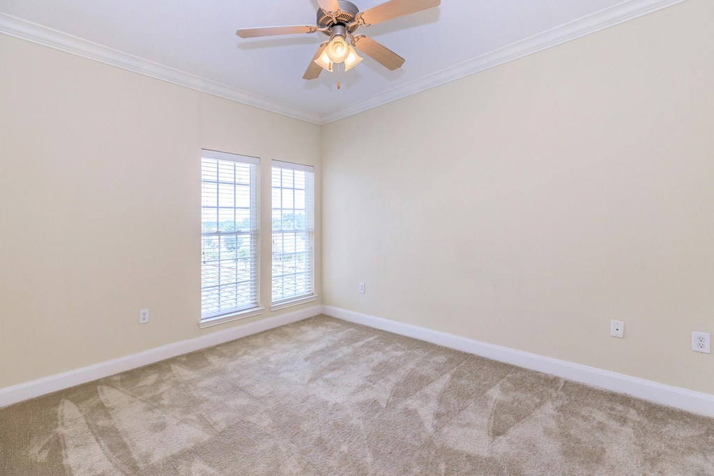 A room with a ceiling fan and carpeted floor.
