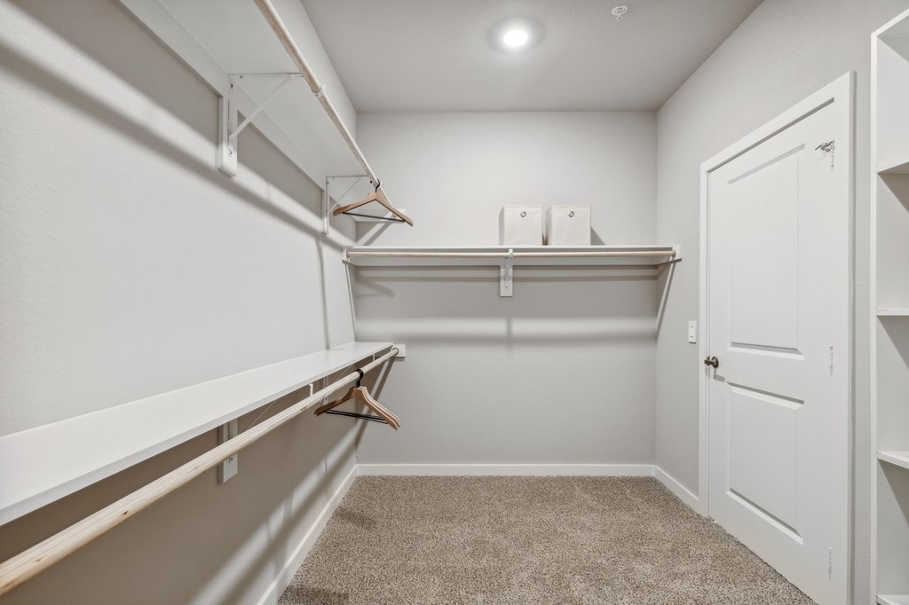 A white closet with a carpeted floor and a white door.