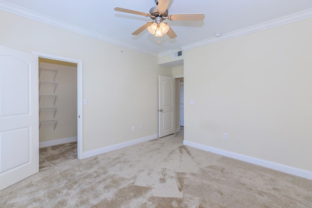 A room with a ceiling fan and carpeted floor.