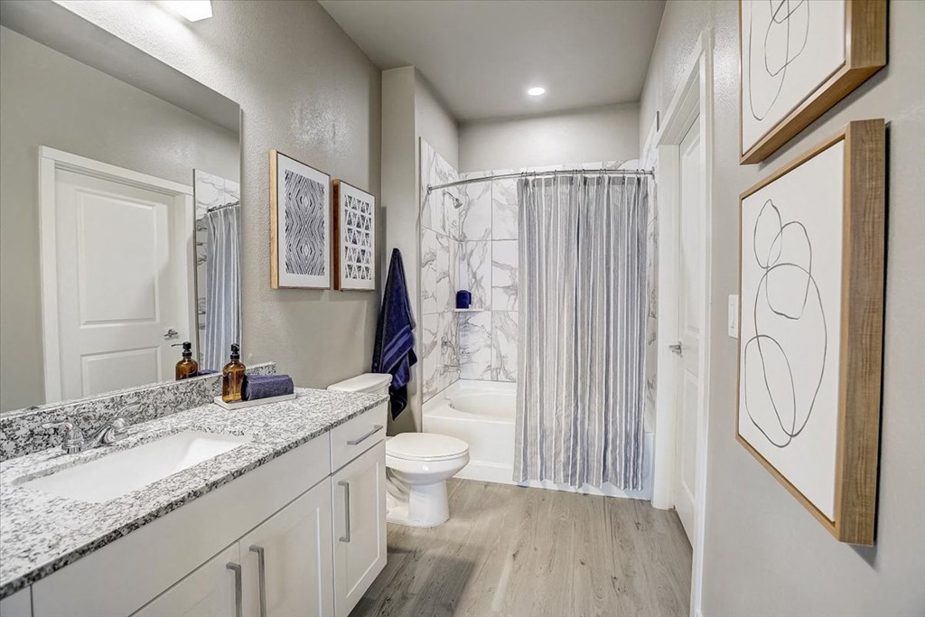 a bathroom with a shower and a toilet and a sink