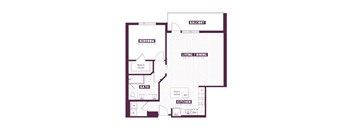 A floor plan of a house with a balcony, bedroom, bathroom, living/dining area, and kitchen.