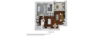 a stylized floor plan with a bedroom and living room