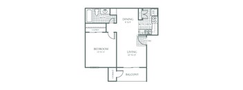 A floor plan of a small apartment with a bedroom, living room, kitchen, and bathroom.
