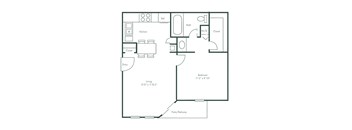A floor plan of a small apartment with a living room, kitchen, bathroom, and bedroom.
