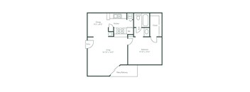 A floor plan of a small apartment with a living area, kitchen, bedroom, and bathroom.