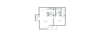 A floor plan of a small apartment with a kitchen, living room, dining room, bedroom, and closet.