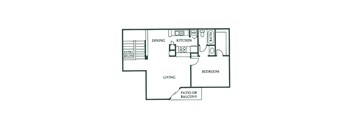 A simple black and white floor plan of a house with a living room, dining room, kitchen, bathroom, and bedroom.