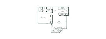 A floor plan of a small apartment with a bedroom, living room, kitchen, and bathroom.