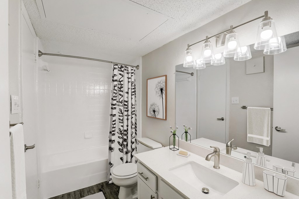 a bathroom with a shower and a sink and a mirror