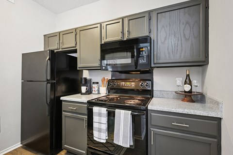 A black refrigerator is in a kitchen with a black stove and black microwave.