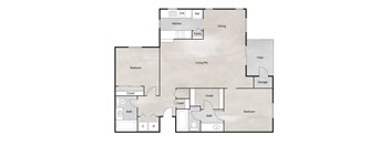 A floor plan of a house with a kitchen, dining room, pantry, living room, two bedrooms, two bathrooms, and storage.