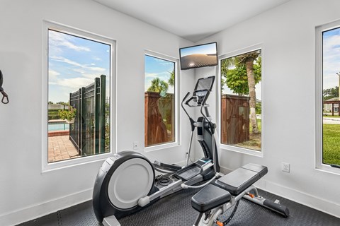 A home gym with a stationary bike and a view of the backyard through the windows.