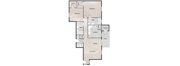 A floor plan of a house with two bedrooms, a bath, a pantry, a kitchen, a storage area, a dining room, and a living room.