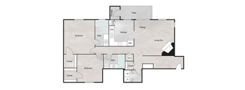 A floor plan of a house with two bedrooms, a living room, a dining room, a kitchen, a pantry, a storage area, a bathroom, and a reference room.